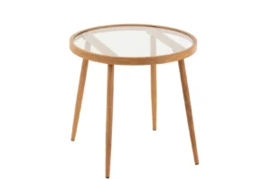 De Bijzettafel Rond Metaal/Glas Natuurlijk is een ronde bijzettafel met een frame van natuurlijk hout, vier schuine houten poten en een blad van helder glas tegen een witte achtergrond.