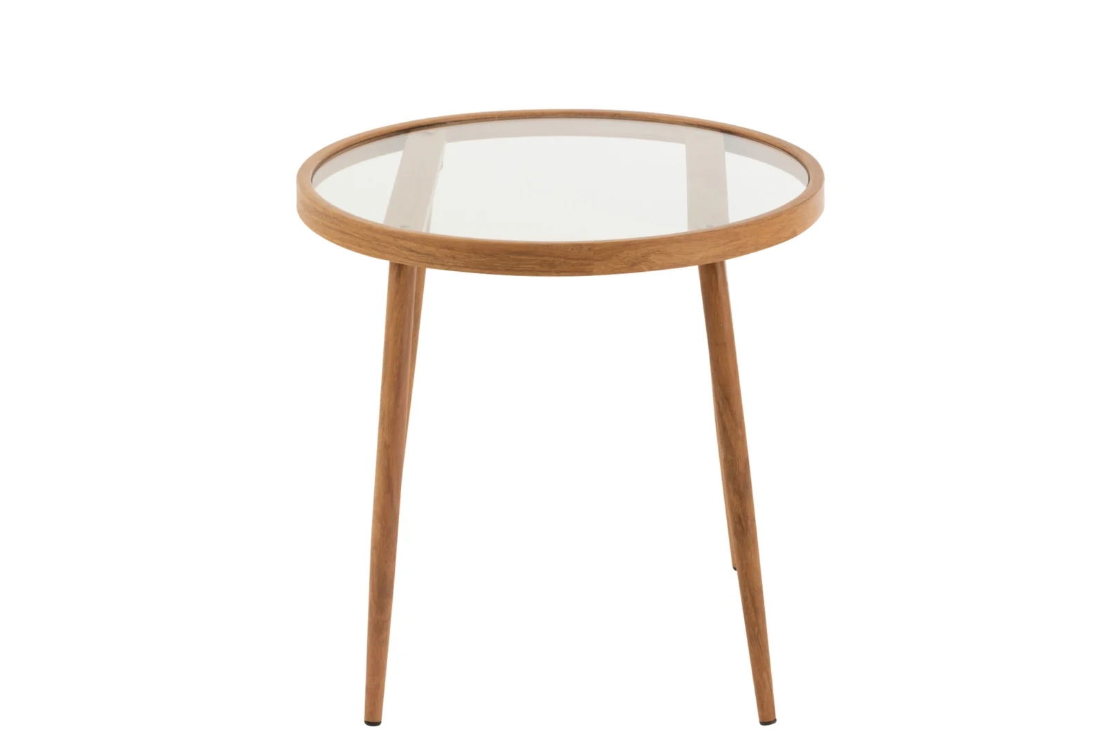 De Bijzettafel Rond Metaal/Glas Natuurlijk is een ronde bijzettafel met een helder glazen blad, een naturel houten rand en drie slanke houten poten, tegen een witte achtergrond.