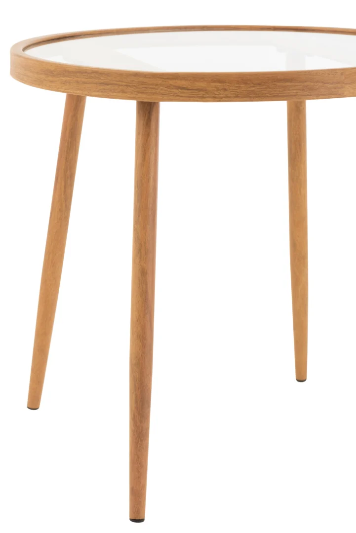 De Bijzettafel Rond Metaal/Glas Natuurlijk is een ronde bijzettafel met een natuurlijke uitstraling en een metaal/glas constructie, tegen een witte achtergrond.