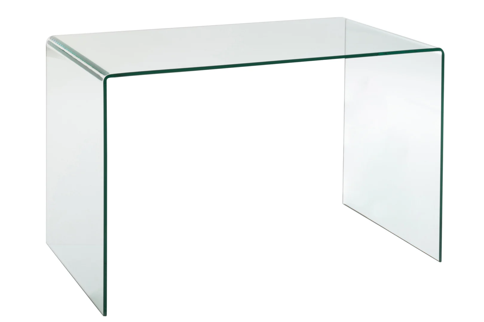 Transparant glazen bureaublad. Modern bureau van helder glas. Strak design glazen tafel.