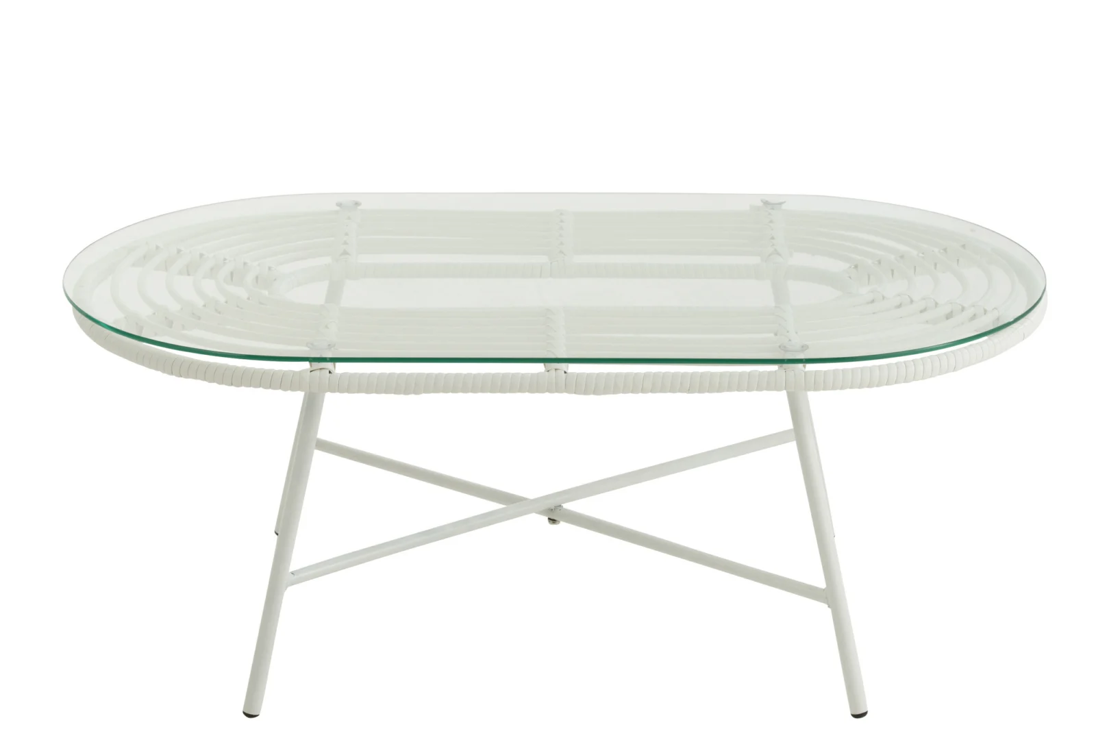 De Salontafel Wit Ovaal Rotan is een ovale glazen salontafel met een gevlochten wit rotan onderstel en slanke gekruiste metalen poten, van voren afgebeeld op een witte achtergrond.