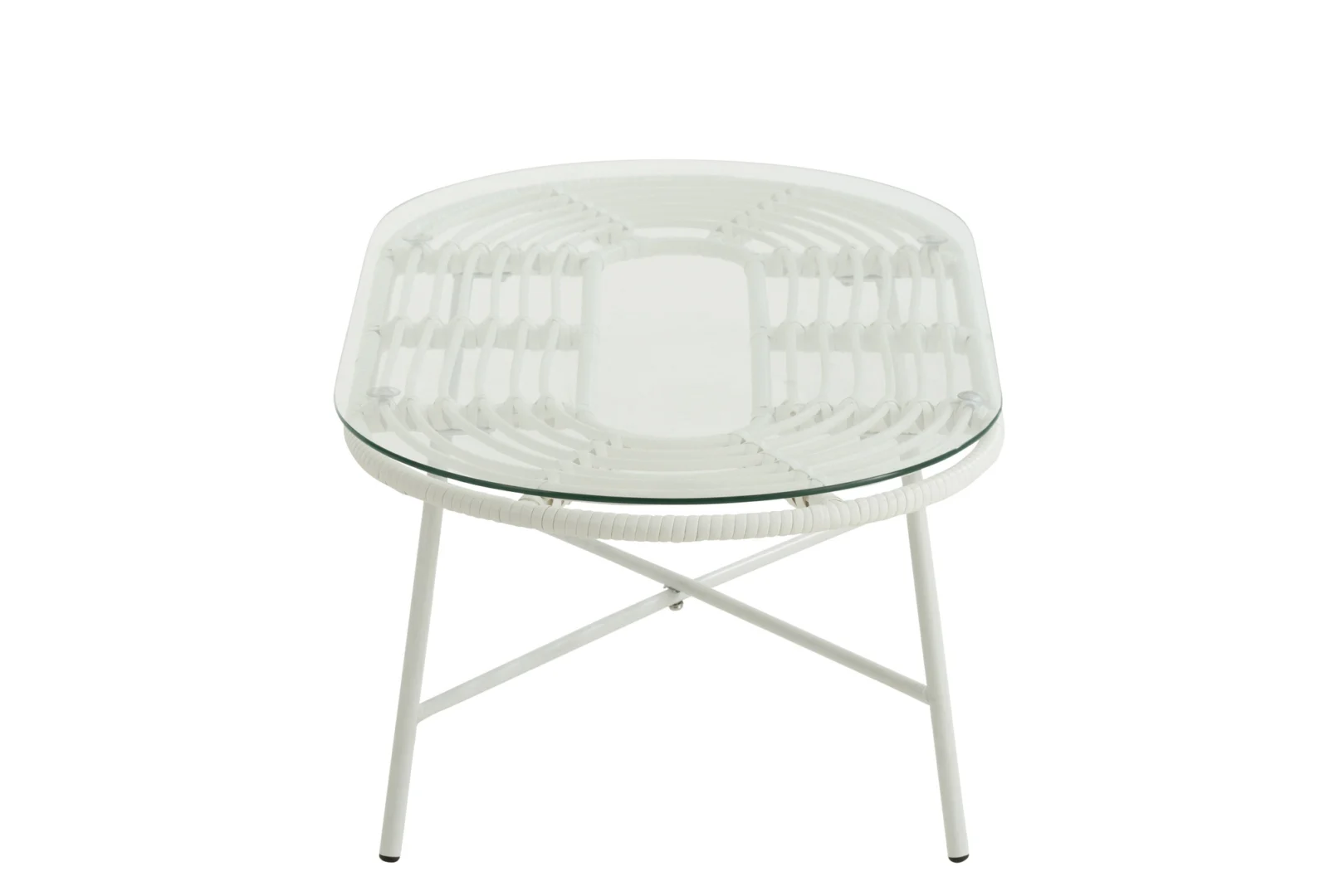 De Salontafel Wit Ovaal Rotan is een ovale witte rieten salontafel met een helder glazen blad en drie schuine metalen poten, tegen een effen witte achtergrond.