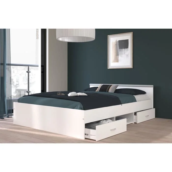Opbergbed 140 x 190 cm Wit Spaanplaat 2 lades en nis - Afbeelding 2