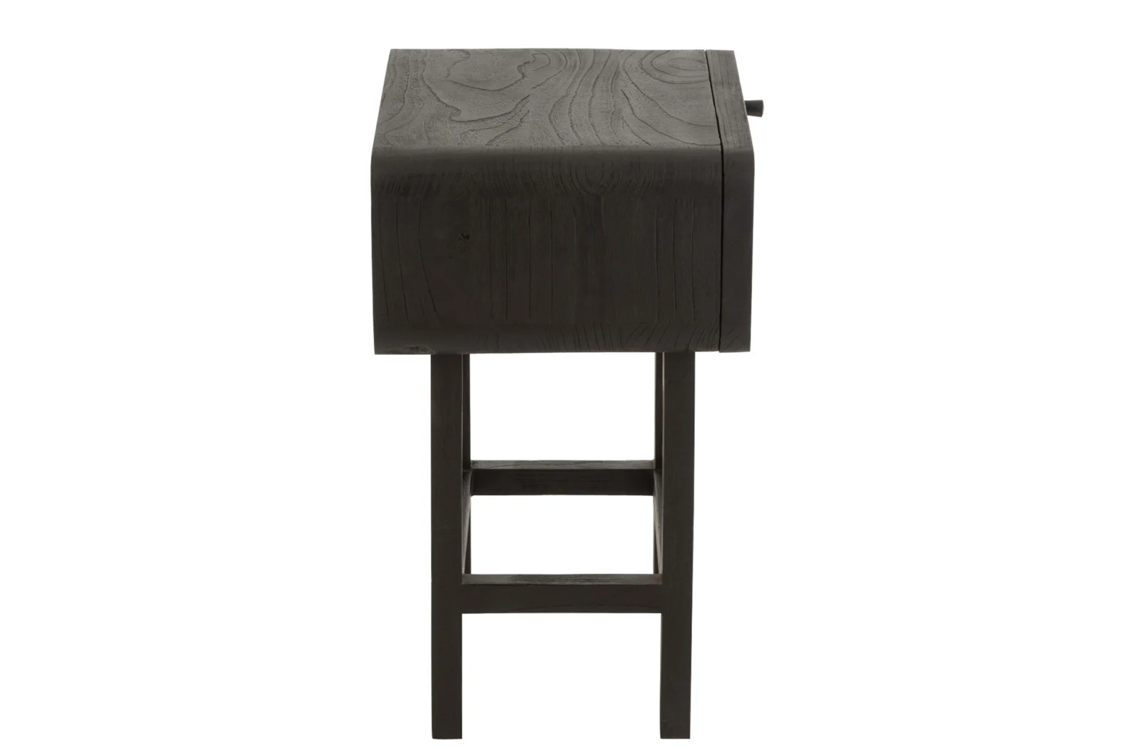 Zijaanzicht van het Nachtkastje Zwart Industrieel (37 x 45 x 60 CM) met een donker rechthoekig blad, rechte poten en een dwarsbalk die de poten aan de onderkant verbindt.