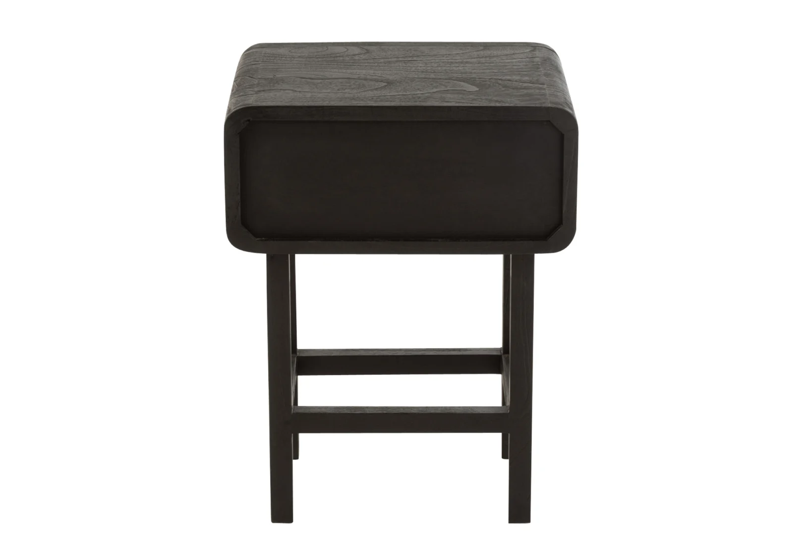 Het Nachtkastje Zwart Industrieel is een zwart houten bijzettafeltje (37 x 45 x 60 cm) met een rechthoekig blad met afgeronde hoeken en een stevig frame met enkele dikke poten en horizontale steunbalken.
