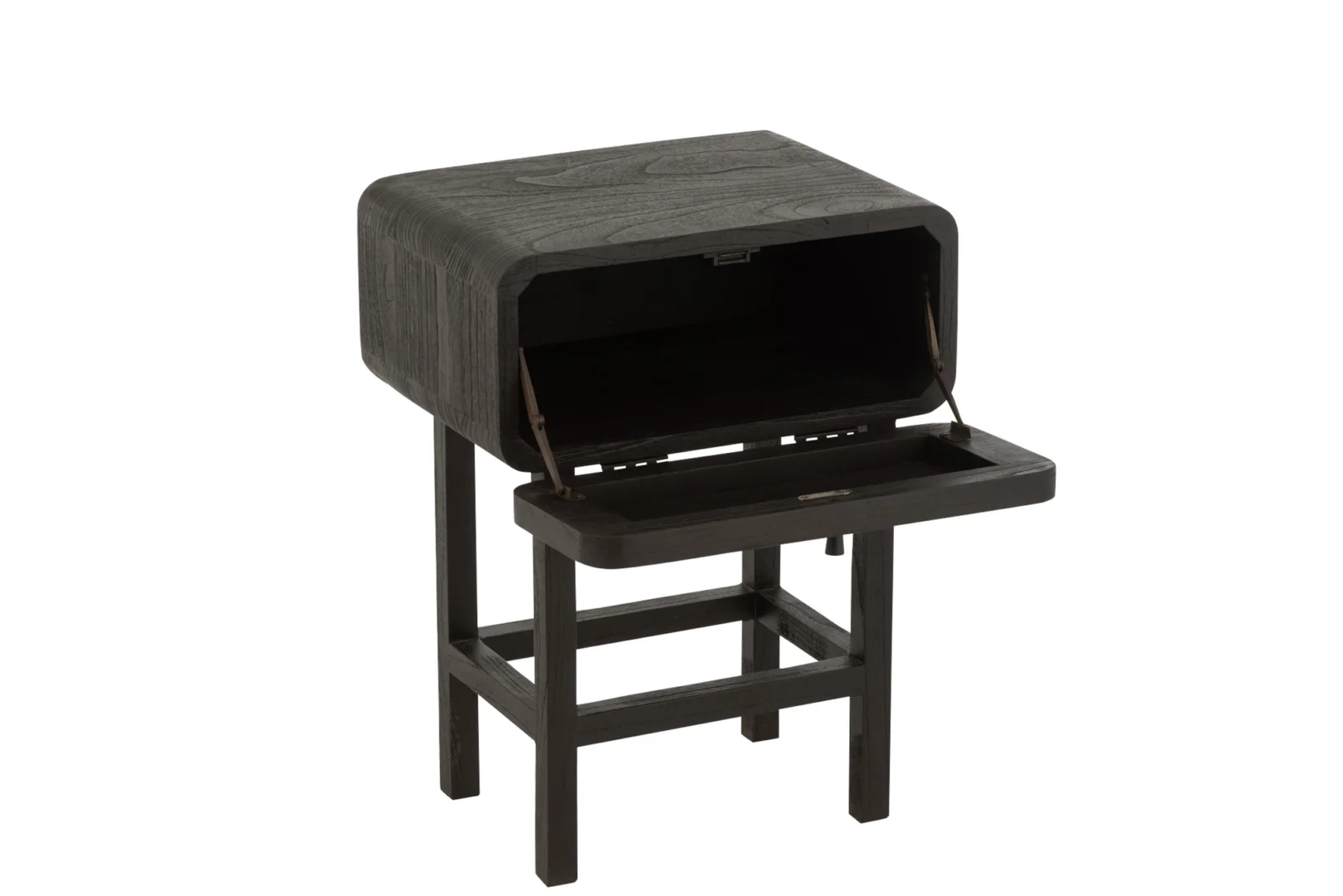 Het Nachtkastje Zwart Industrieel (37 x 45 x 60 CM) is een compacte, donkerhouten bijzettafel met een rechthoekig, scharnierend voorpaneel voor verborgen opbergruimte, staand op vier rechte poten met dwarsbalken.