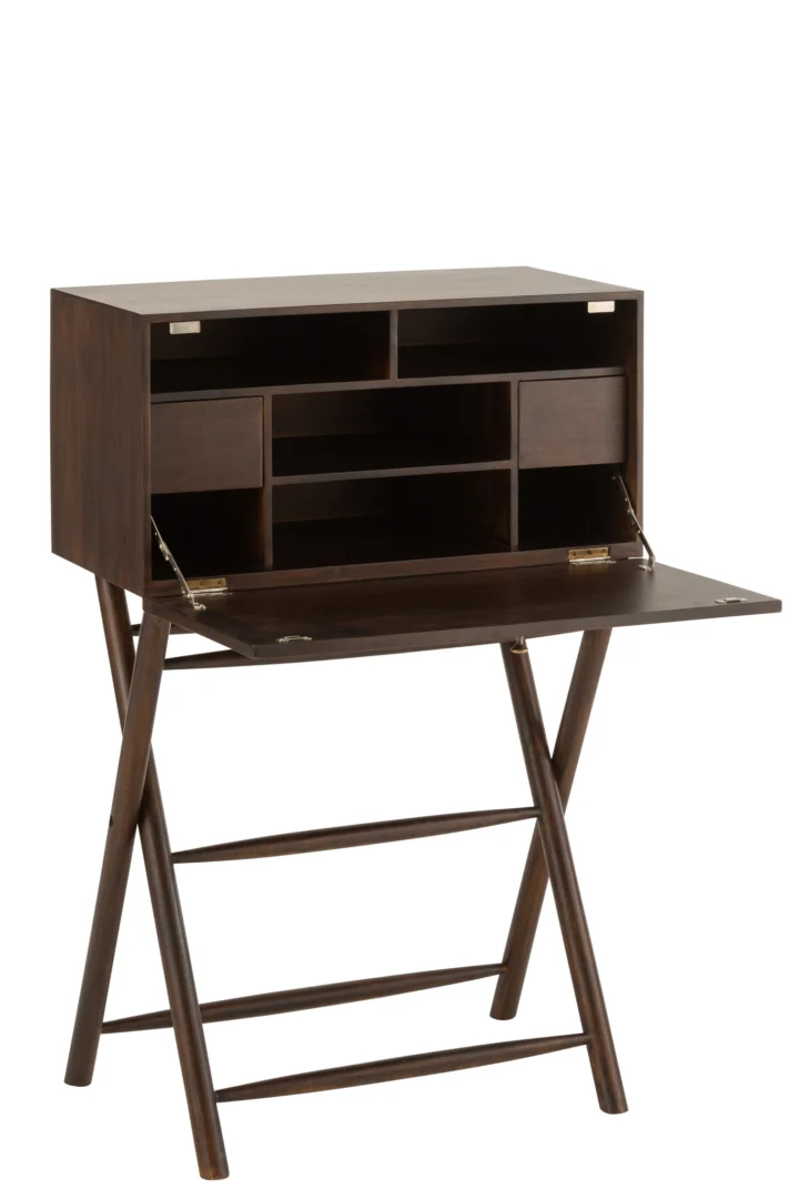Compact donkerbruin mangohouten bureau Conie 35x108x70. Opklapbaar bureau met opbergvakken.