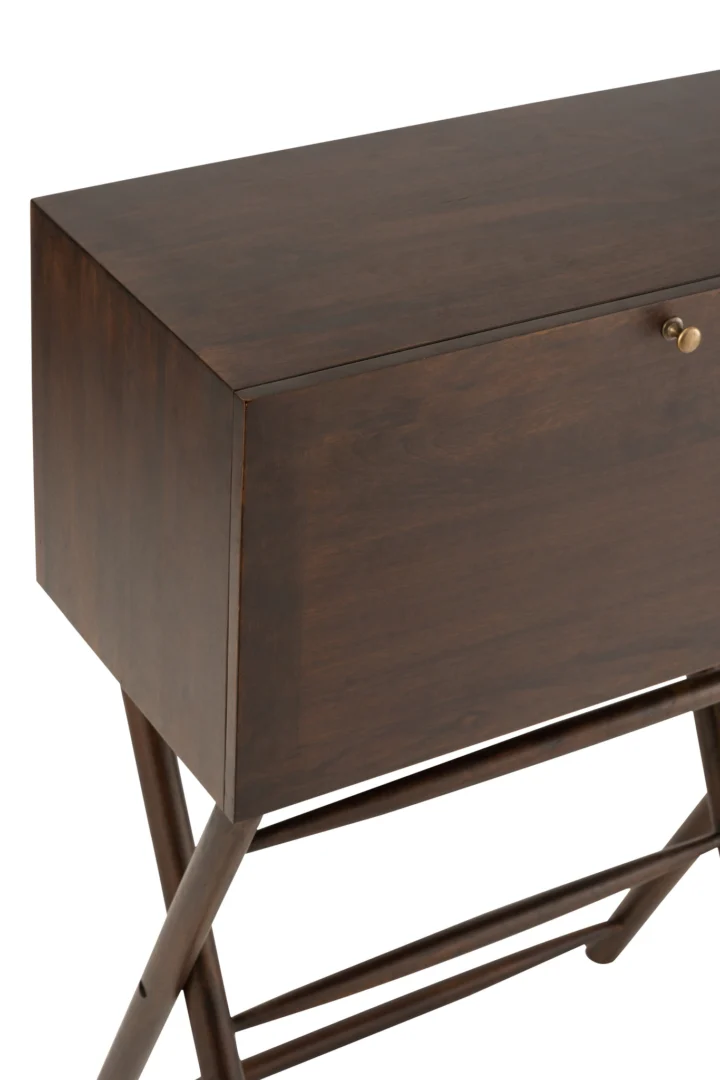Compact bureau van donkerbruin mangohout, 35x108x70 cm. Conie bureau met opbergruimte.