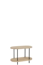 De Bijzettafel Grijs Mangohout is een kleine, ovaalvormige bijzettafel met twee niveaus, vier slanke zwarte metalen poten en een minimalistisch ontwerp met een lichte naturel houten afwerking.