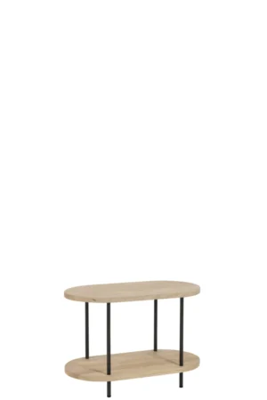 De Bijzettafel Grijs Mangohout is een kleine, ovaalvormige bijzettafel met twee niveaus, vier slanke zwarte metalen poten en een minimalistisch ontwerp met een lichte naturel houten afwerking.
