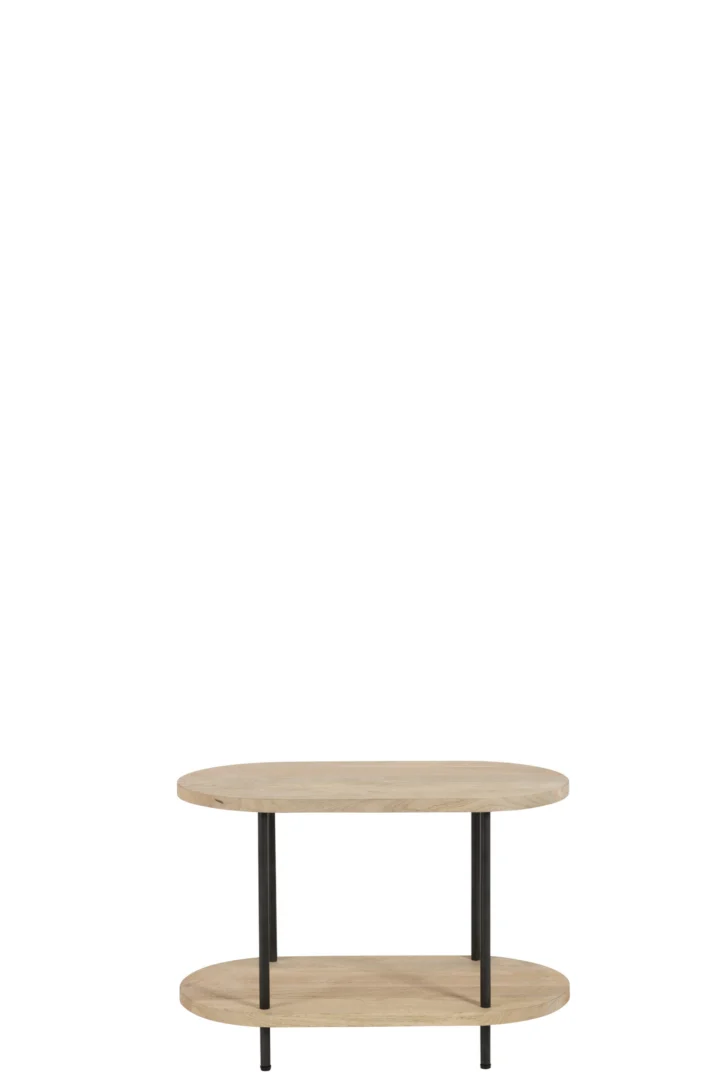 De Bijzettafel Grijs Mangohout is een compacte, ovale salontafel met twee verdiepingen met grijs mangohouten oppervlakken en zwarte metalen poten, geïsoleerd afgebeeld op een witte achtergrond.