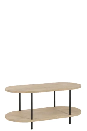 De Salontafel Grijs 60 x 53 CM Ovaal heeft een ovaal mangohouten blad, zwarte metalen poten en een onderste opbergplank, tegen een effen witte achtergrond.