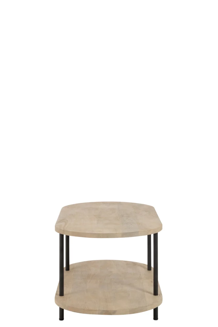 De Salontafel Grijs 60 x 53 CM Ovaal is een ovale salontafel van mangohout met een natuurlijke houten afwerking op beide planken en stevige zwarte metalen poten.