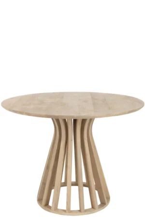 De Tafel Eli Mangohout Natuurlijk is een ronde houten tafel met een glad blad en een open onderstel met naar buiten vallende verticale latten die verbonden zijn met een ronde basis.