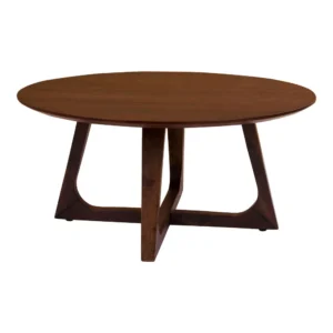 De Salontafel 75 CM Rond Fineer is een ronde houten salontafel met een glad blad en een uniek geometrisch onderstel met kruisende schuine poten, afgewerkt in een donkerbruine houtbeits.