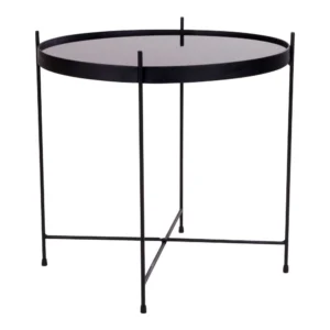De Salontafel Zwart 48 x 48 CM Vierkant is een moderne vierkante bijzettafel gemaakt van staal, met een zwart frame, slanke rechte poten met dwarsbalken bij de voet en een minimalistisch ontwerp.