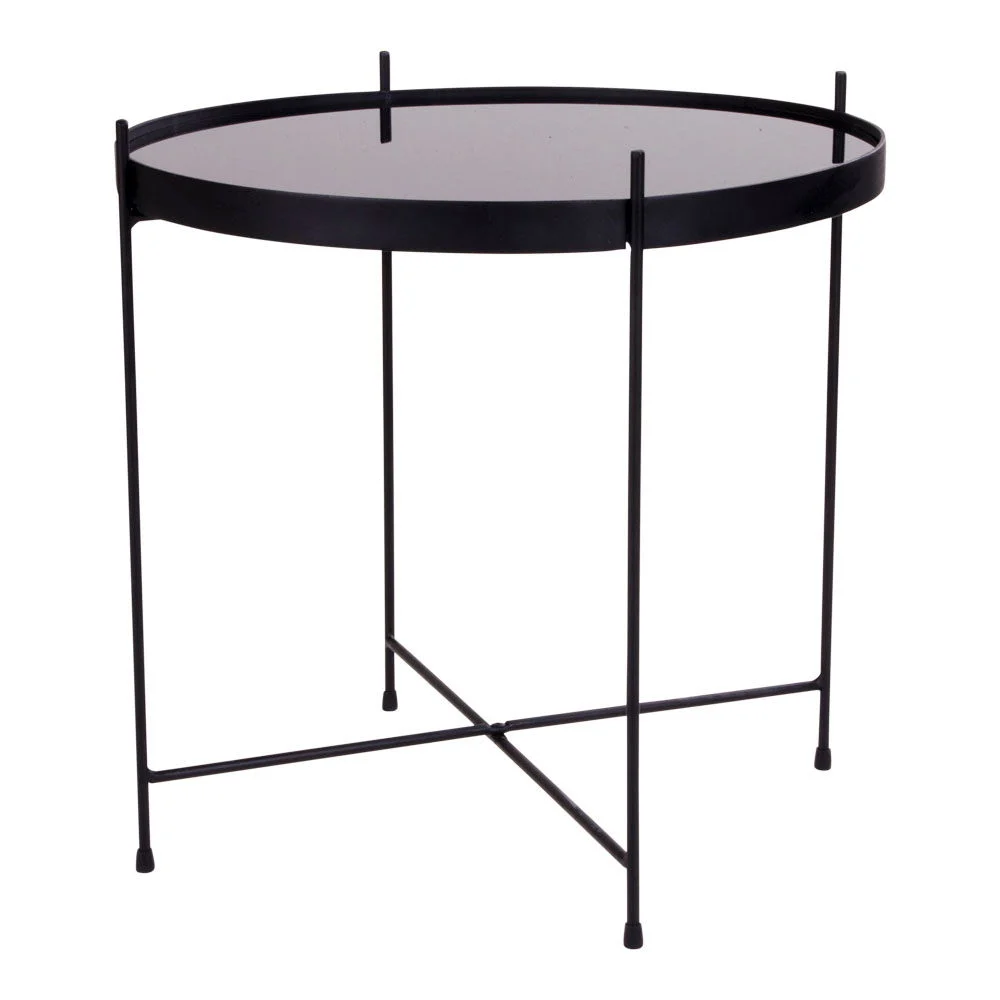 De Salontafel Zwart 48 x 48 CM Vierkant is een moderne vierkante bijzettafel gemaakt van staal, met een zwart metalen frame, zwart glazen blad en vier slanke poten verbonden door dwarsbalken bij de basis.