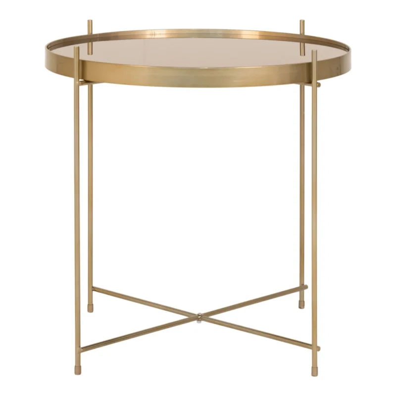 De Salontafel 48 x 48 CM Vierkant Staal is een moderne vierkante bijzettafel met een goud metalen frame, een spiegelend blad en dunne poten die in een X-vorm kruisen aan de onderkant voor ondersteuning.