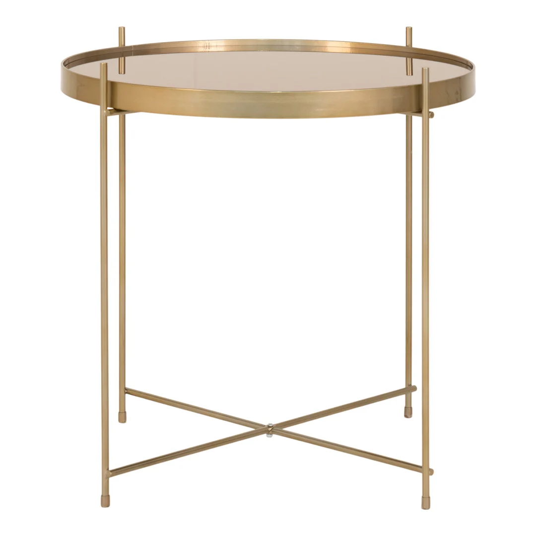 De Salontafel 48 x 48 CM Vierkant Staal is een moderne vierkante bijzettafel met een goud metalen frame, een spiegelend blad en dunne poten die in een X-vorm kruisen aan de onderkant voor ondersteuning.