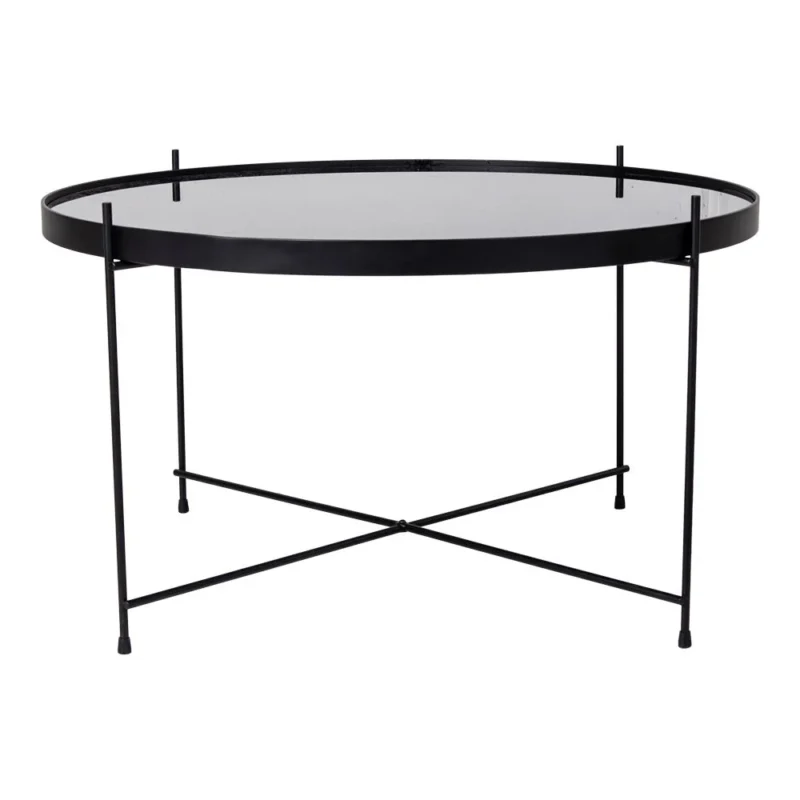 De Salontafel Zwart 70 x 40 CM Rond Staal is een moderne ronde zwart stalen salontafel met een opstaande rand, slanke metalen poten en een gekruiste steunbalk. Het tafelblad heeft een strakke, glanzende afwerking.