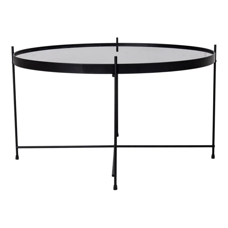 De Salontafel Zwart van 70 x 40 cm is een ronde glazen salontafel met een slank zwart stalen frame en vier slanke poten die aan de onderkant met elkaar verbonden zijn door dwarsbalken.