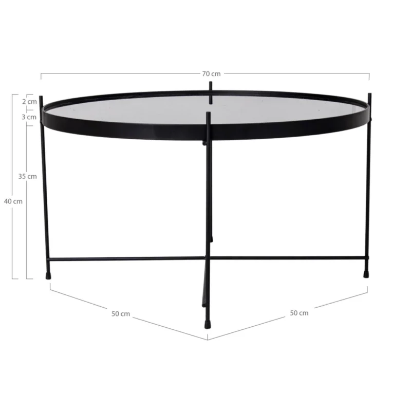 De Salontafel Zwart is een ronde zwart metalen salontafel met een glazen blad van 70 cm in diameter en 40 cm hoog. Hij heeft vier slanke poten die aan de onderkant 50 cm uit elkaar staan. Gedetailleerde afmetingen van de zijkant worden meegeleverd.