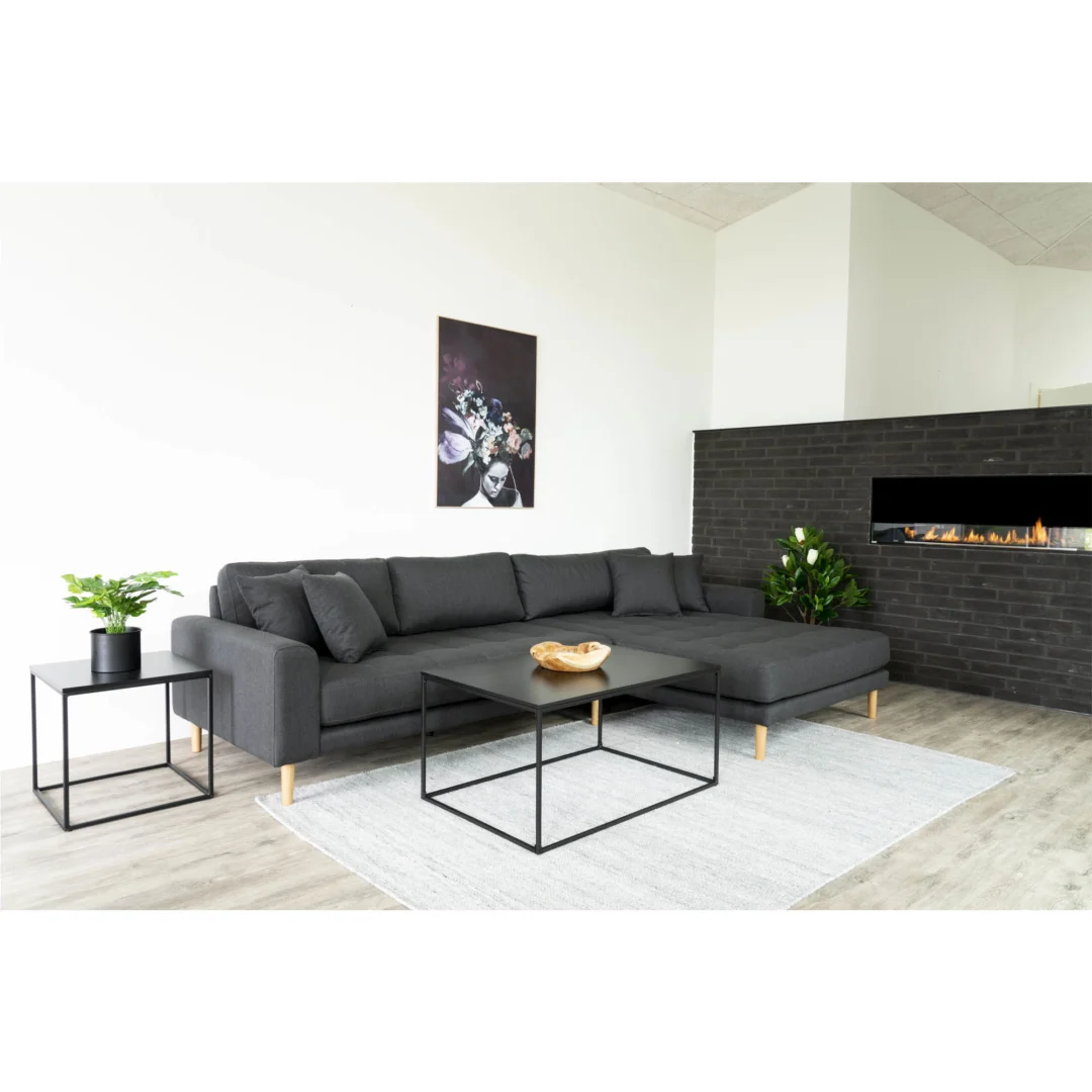 Een moderne woonkamer met een donkergrijs bankstel, Salontafel Zwart, Roest (60x45 cm) in zwart spaanplaat, bijzettafels, planten in potten, muurkunst, een rechthoekige gashaard en een lichtgrijs vloerkleed op een houten vloer.