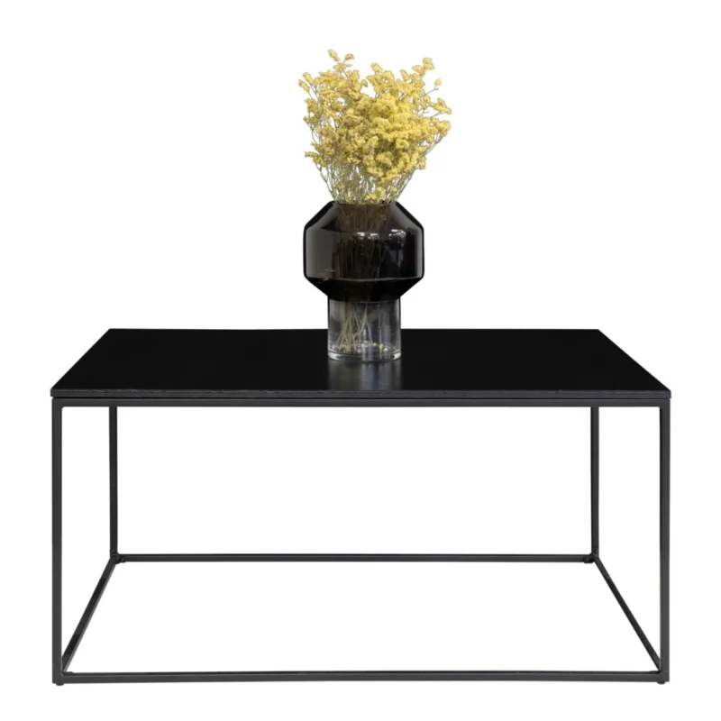 De Salontafel Zwart, Roest (60 x 45 CM) is een zwarte rechthoekige salontafel van spaanplaat met een minimalistisch metalen frame. Afgebeeld staat een zwarte vaas met gele droogbloemen tegen een witte achtergrond.