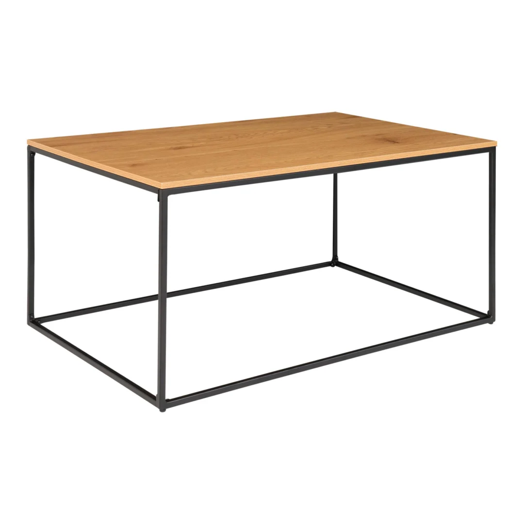 De Salontafel 60 x 45 CM Rechthoek is een moderne rechthoekige salontafel met een spaanplaat bovenblad en een minimalistisch onderstel van zwart metaal.