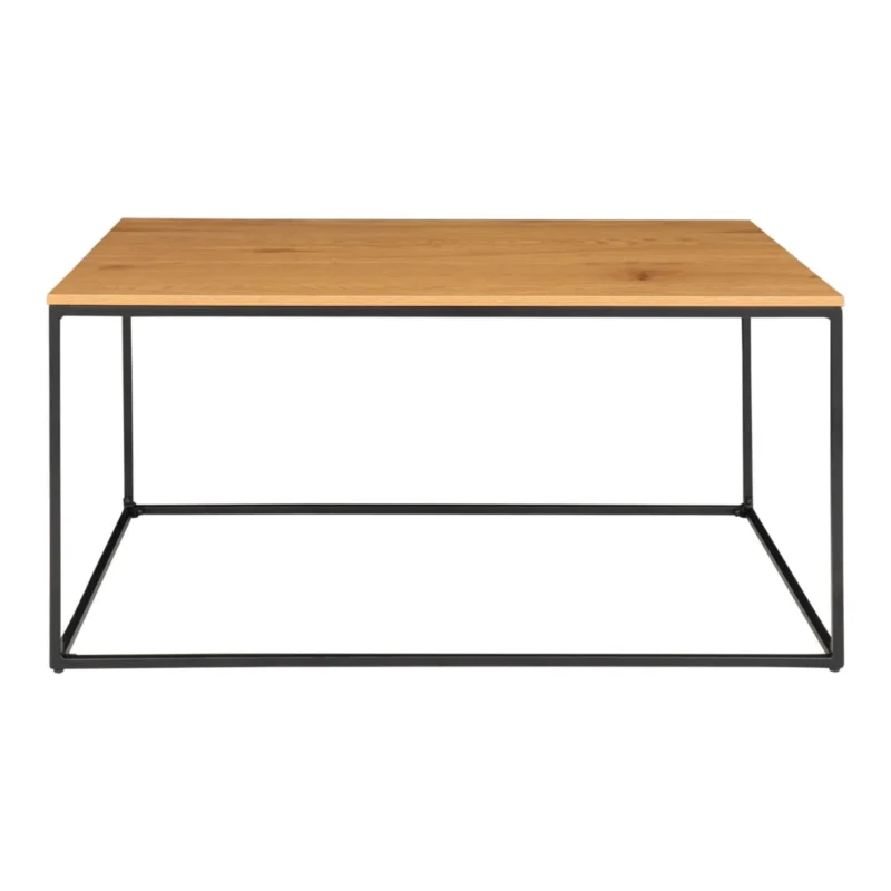 De Salontafel 60 x 45 CM Rechthoek is een moderne rechthoekige salontafel gemaakt van spaanplaat met een lichte houten afwerking en een minimalistisch zwart metalen frame, afgebeeld tegen een witte achtergrond.