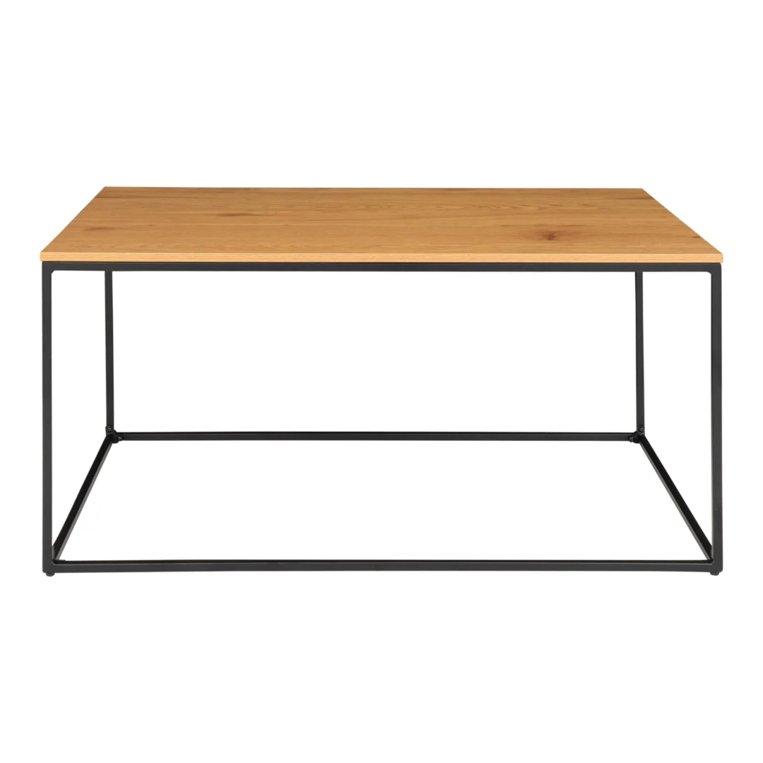 De Salontafel 60 x 45 CM Rechthoek is een moderne rechthoekige salontafel gemaakt van spaanplaat met een lichte houten afwerking en een minimalistisch zwart metalen frame, afgebeeld tegen een witte achtergrond.