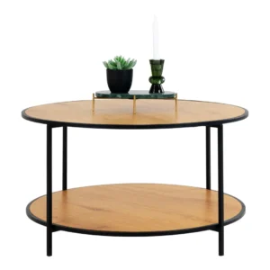 De Salontafel Roest (80 x 45 CM, rond) is een ronde salontafel gemaakt van spaanplaat, met zwart metalen poten en een onderste plank. Op het tafelblad staat een vetplant in pot, een groene kandelaar met witte kaars en een groen rechthoekig dienblad.