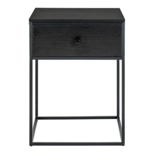 Het Nachtkastje Zwart Glas 40 x 40 x 55 CM is een modern zwart nachtkastje met één lade, strakke lijnen, een minimalistisch metalen frame en een kleine ronde knop.