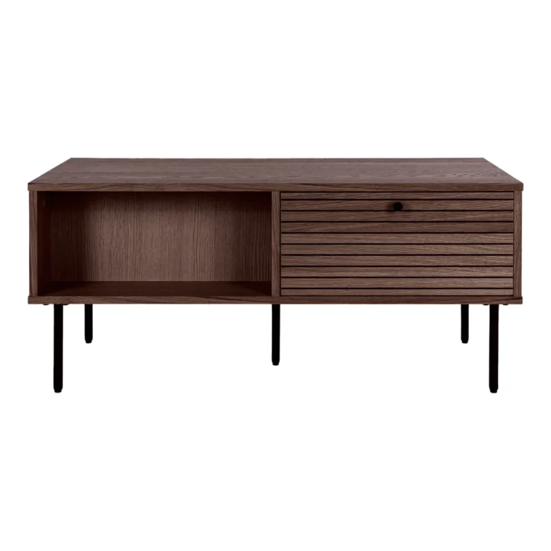 De Salontafel 50 x 45 CM Fineer is een moderne houten salontafel met zwarte poten, een open linker plank en een rechter kastdeur met horizontale lamellen en een ronde trekgreep.