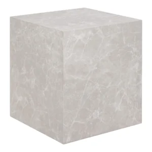Een beige Praagse Bijzettafel met een marmeren afwerking, gladde oppervlakken en afmetingen van 40x40x45 cm wordt schuin getoond om drie kanten te laten zien.
