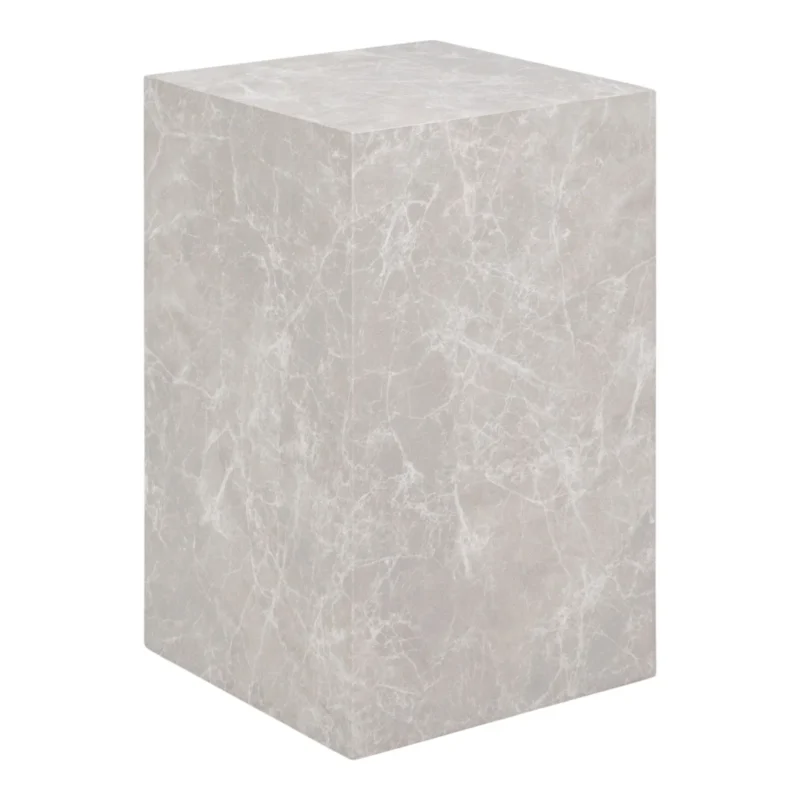 Een beige marmerlook Bijzettafel Praag (30x30x50 cm) met subtiele witte adering staat rechtop tegen een effen witte achtergrond.