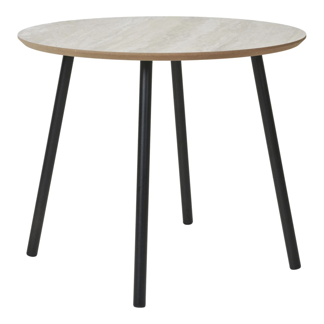 De Salontafel Beige, Zwart is een kleine ronde tafel (55 x 55 cm) met een licht houten blad en vier zwarte, licht gebogen stalen poten, afgebeeld tegen een witte achtergrond.