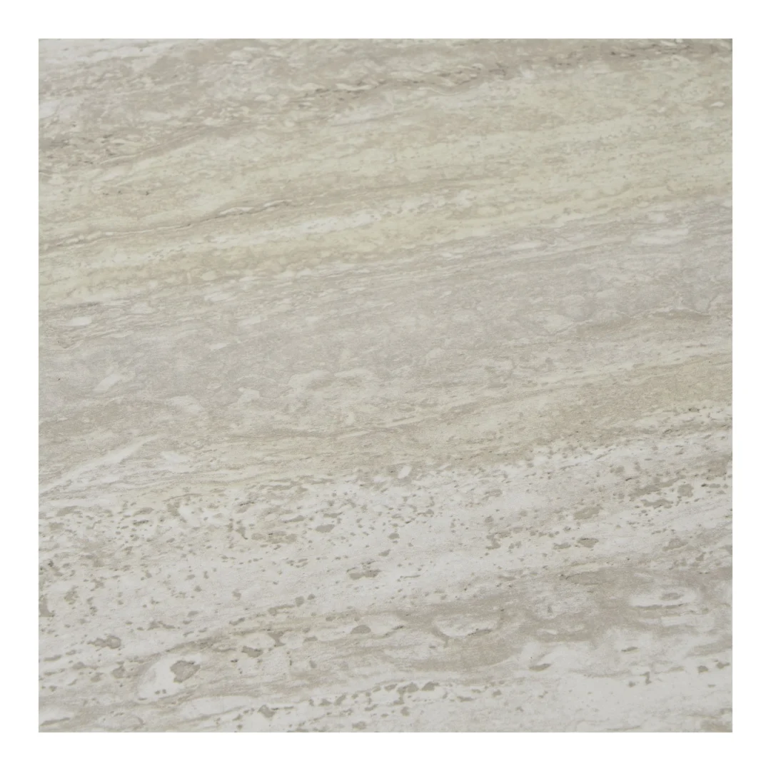 Een close-up van de Salontafel Beige, Zwart 55 x 55 CM Staal toont het lichtgrijze en beige gestructureerde oppervlak met steenachtige adering en gespikkelde patronen, die lijken op natuurlijk marmer.