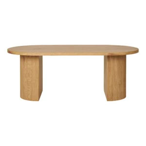 De Salontafel 60 x 45 CM Rechthoek Mdf is een moderne houten tafel met een rechthoekig MDF blad en twee brede, platte poten, allemaal gemaakt van lichtgekleurd hout met zichtbare nerfpatronen.