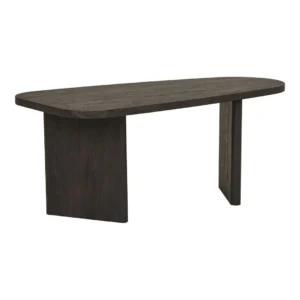 De Salontafel 50 x 41 CM Mdf is een moderne donkerhouten tafel met een afgerond rechthoekig blad en twee brede, platte poten aan beide uiteinden, die een minimalistisch en eigentijds ontwerp bieden.
