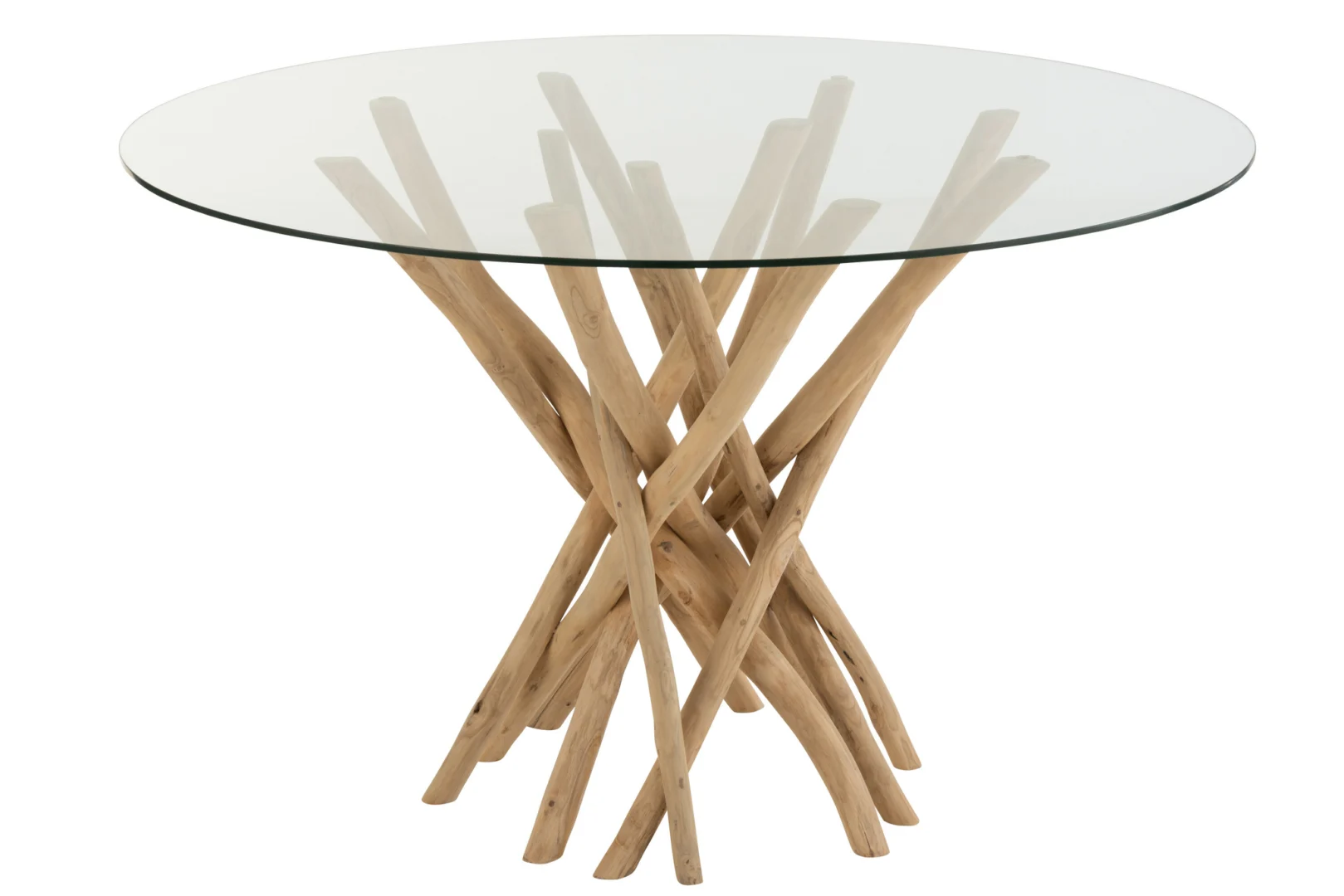 De Eettafel Branches Rond Teakhout Natuurlijk/Glas heeft een rond glazen blad en een basis gemaakt van natuurlijke teak takken gerangschikt in een kriskras patroon.