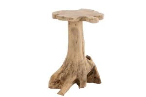 De Bijzettafel Teakhout is een rustieke bijzettafel gemaakt uit één stuk natuurlijk, onafgewerkt teakhout, met een boomstamvoet en een onregelmatig gevormd blad.