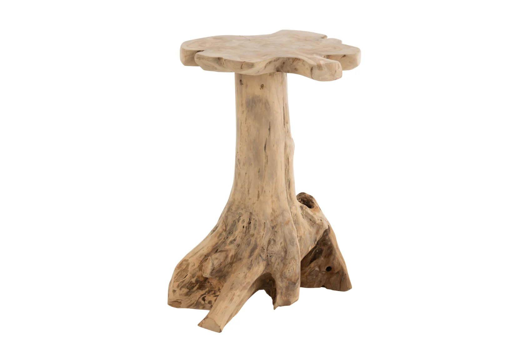 De Bijzettafel Teakhout is een rustieke bijzettafel gemaakt uit één stuk natuurlijk, onafgewerkt teakhout, met een boomstamvoet en een onregelmatig gevormd blad.