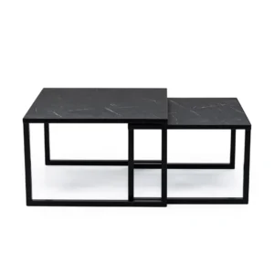 Een set van twee Salontafel Zwart 67 x 44 CM Marmer tafels met rechthoekige marmeren gedessineerde bladen en minimalistische zwarte metalen frames, naast elkaar geplaatst op verschillende hoogtes voor een moderne look.