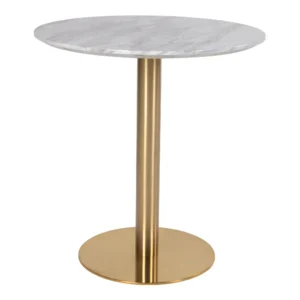 De Bolzano Eettafel heeft een rond tafelblad in marmerlook en een enkele goudkleurige voet van Ø70x75cm.