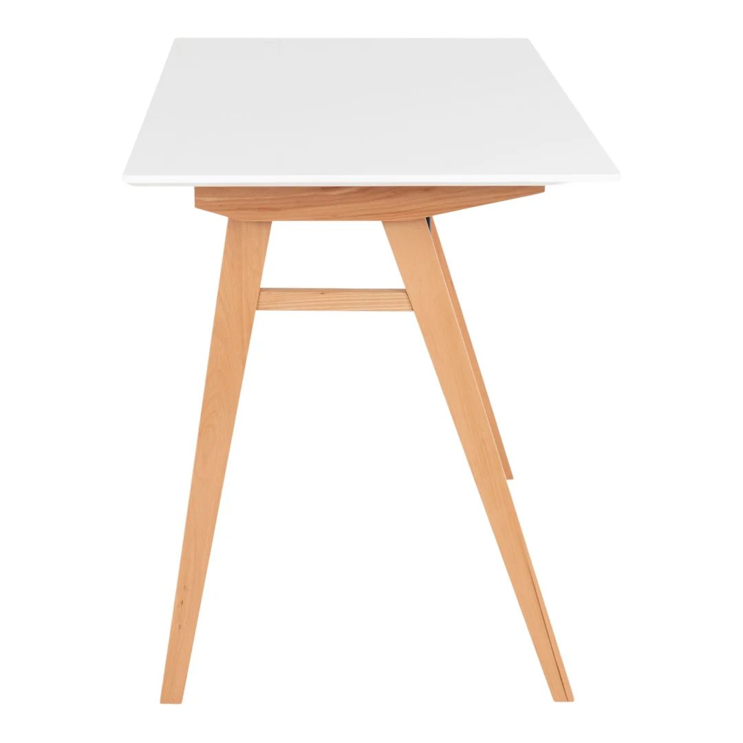 Vojens bureau in wit en natuurlijk. Bureau met wit blad en houten poten.