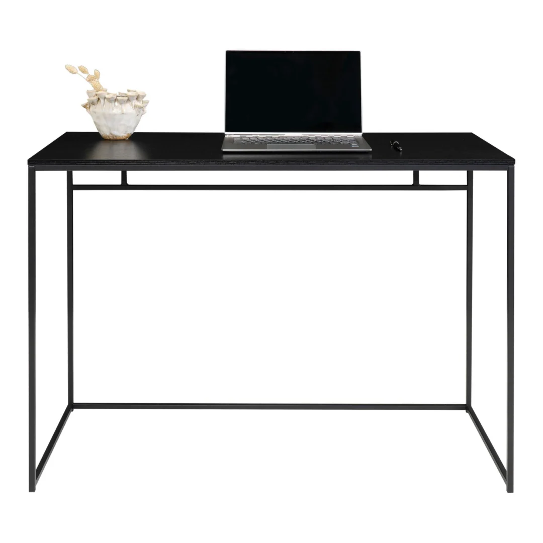 Vita bureau met zwart frame en blad. Modern bureau 100x45x75 cm met laptop en decoratie.