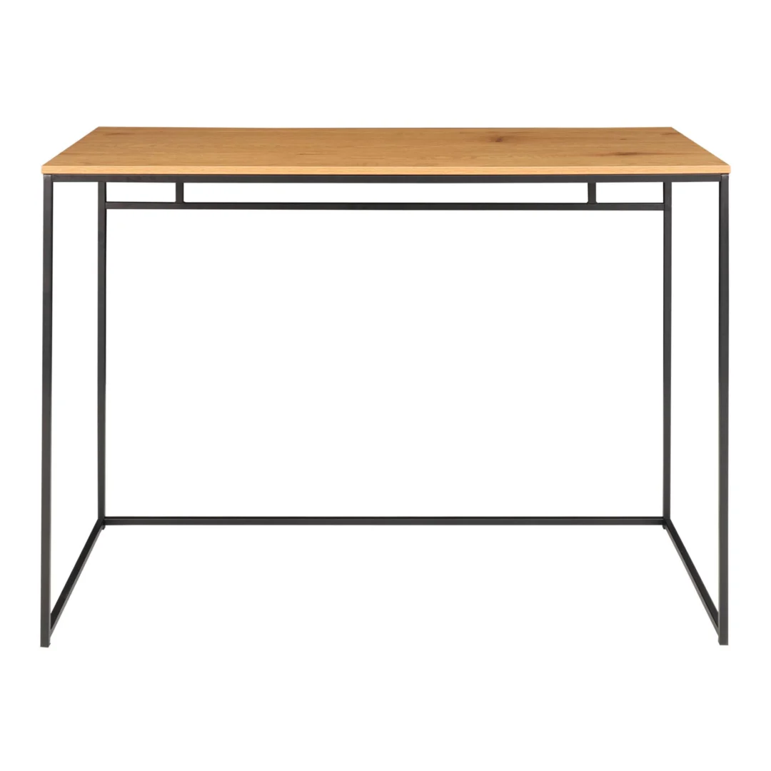 Vita bureau met zwart frame en eikenhouten blad. Modern bureau voor thuis of kantoor.