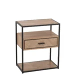 Het Nachtkastje Zwart Metaal Slaapkamer is een moderne houten bijzettafel met een zwart metalen frame, voorzien van een enkele lade met een zwart handvat en twee planken - een boven en een onder de lade.