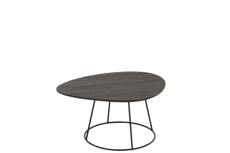 De Bijzettafel Bruin is een kleine, moderne bijzettafel met een ovaal donker houten blad (45 x 30 cm) en slanke zwart metalen poten die een ronde basis vormen. Op de foto staat het tafeltje op een effen witte achtergrond.